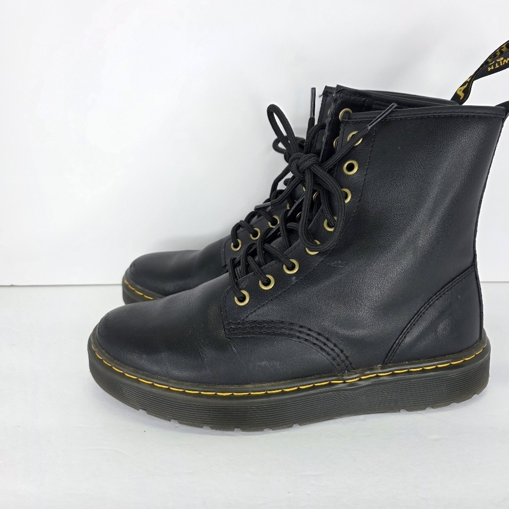 Dr. Martens Zavala Combat Boots Unisex Black Leather Yellow Stitching Size M7 W8 - Picture 3 of 16